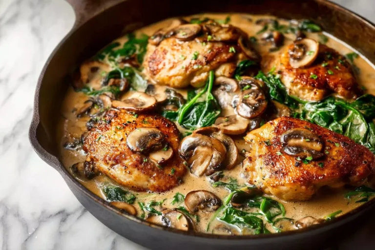 Creamy spinach mushroom pork chops on a plate, garnished and ready to serve.