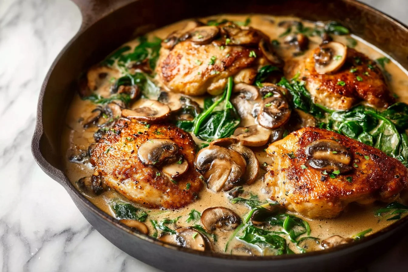 Creamy spinach mushroom pork chops on a plate, garnished and ready to serve.