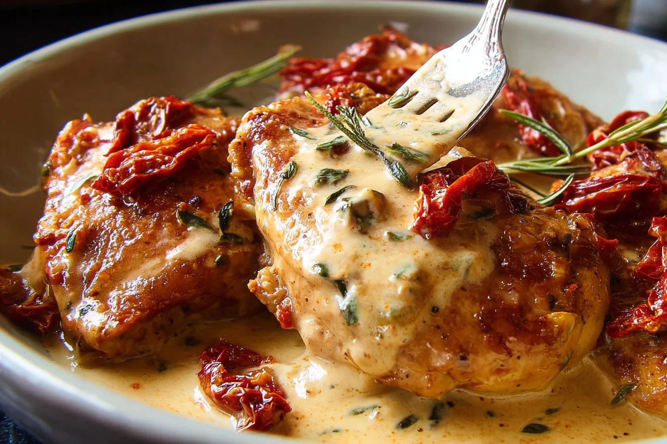 Creamy Sun-Dried Tomato Chicken dish garnished with fresh herbs