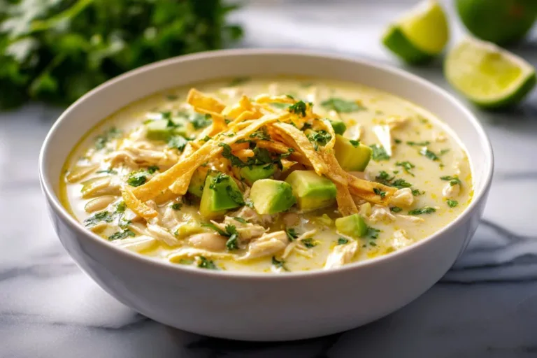 Bowl of creamy white chicken chili topped with fresh herbs