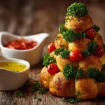 Crispy baked goat cheese served on a platter with herbs and crackers