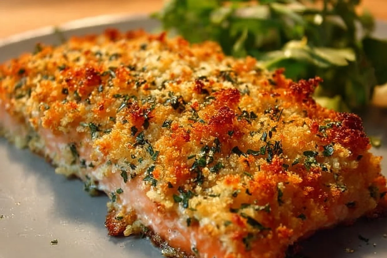 Crispy Parmesan salmon bake served on a plate with lemon and herbs.