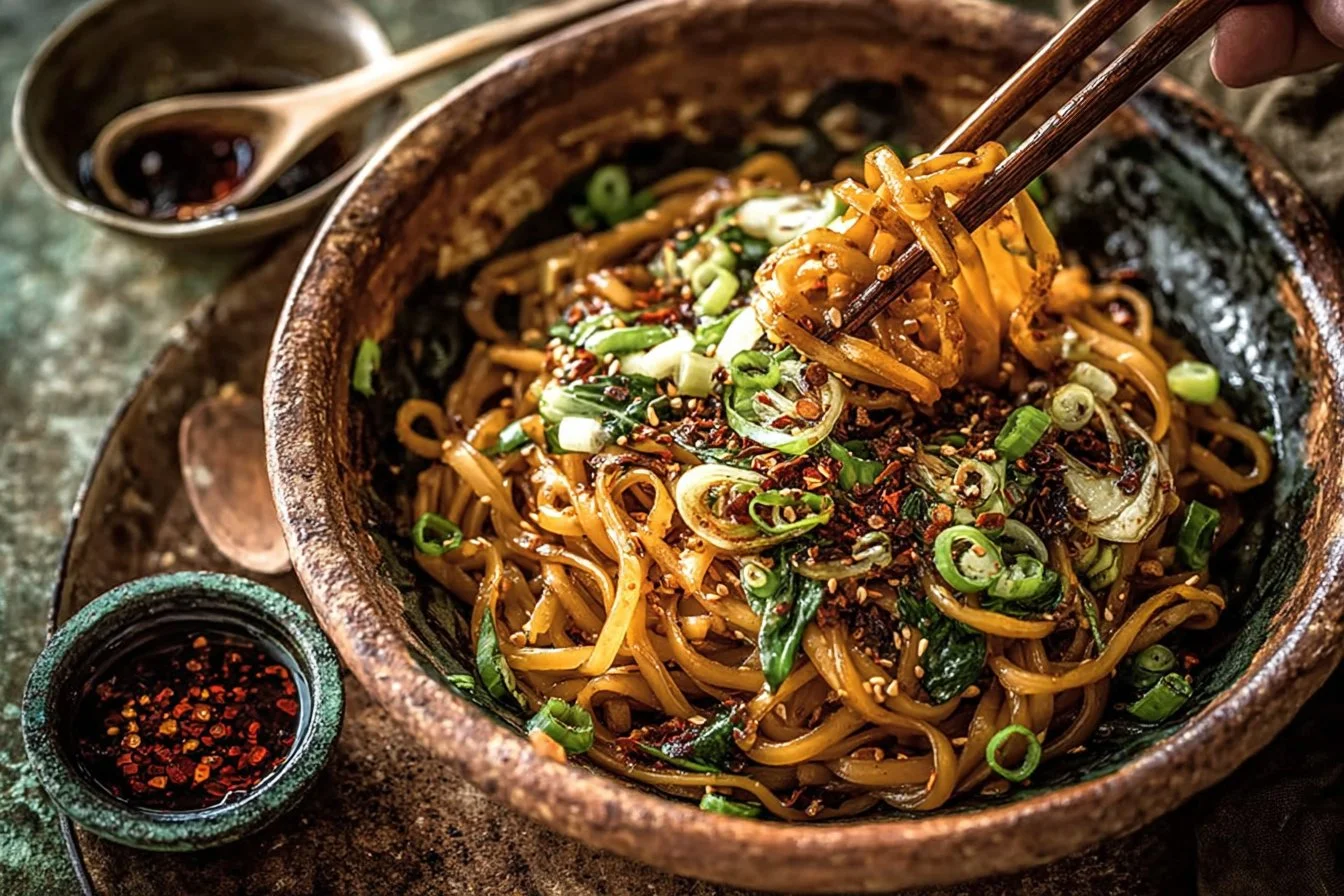 Crispy sesame garlic chili oil noodles served with fresh herbs and chili flakes