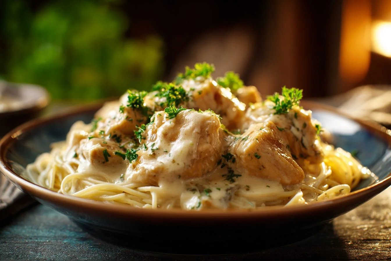 Crock Pot Angel Chicken dish served with a side of vegetables