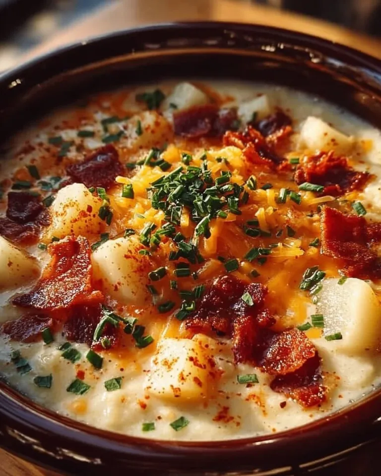 Creamy Crock Pot Crack Potato Soup garnished with green onions and bacon