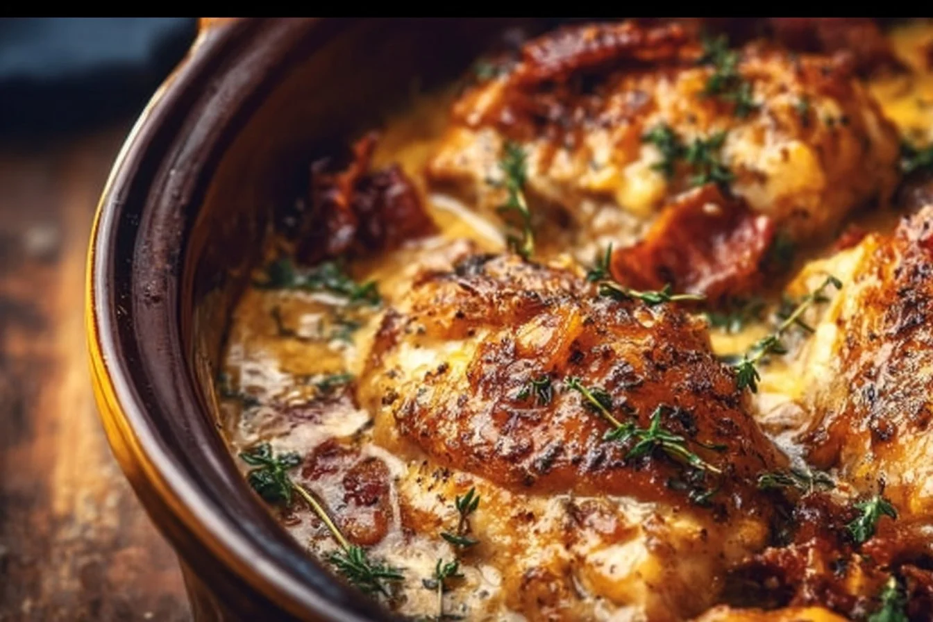 Delicious Crock Pot Marry Me Chicken served on a plate with herbs.