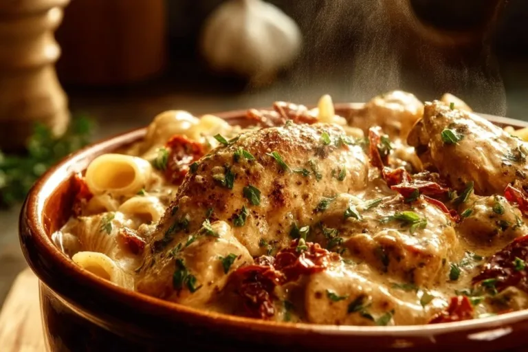 Crock Pot Marry Me Chicken Pasta served in a bowl with herbs and parmesan.