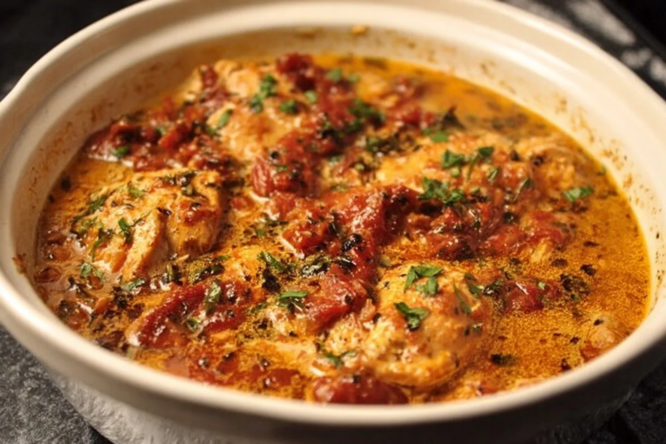 Delicious Crock Pot Marry Me Chicken served on a plate with herbs and cream sauce.