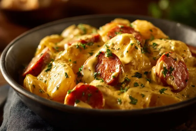 Delicious Crockpot Cheesy Potatoes with Kielbasa served in a bowl