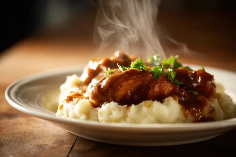 Delicious crockpot chicken and gravy served with mashed potatoes