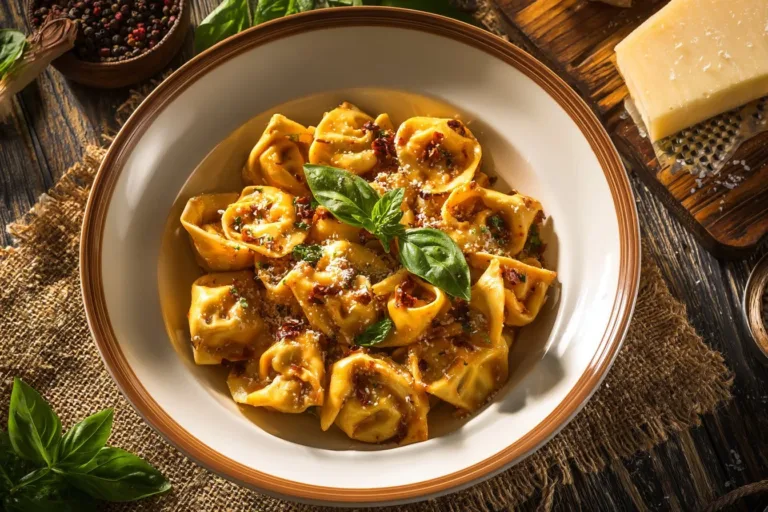CrockPot Chicken Tortellini dish served in a bowl with fresh herbs