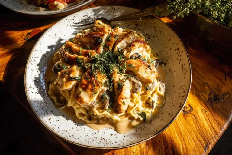 Delicious Crockpot Creamy French Onion Chicken served with orzo pasta