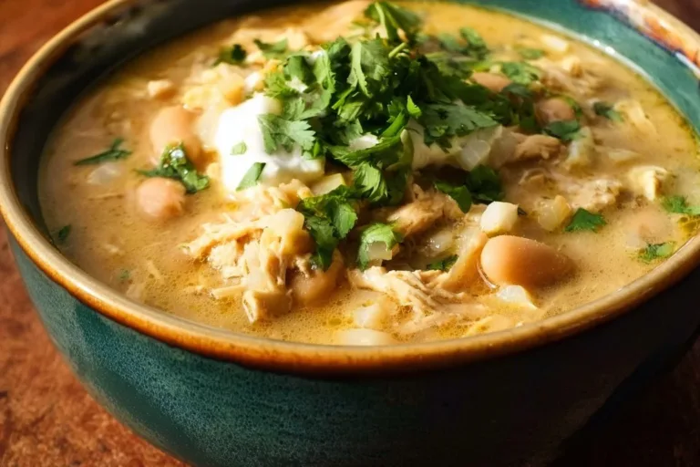 Crockpot creamy white chicken chili in a bowl, garnished with cilantro and lime.