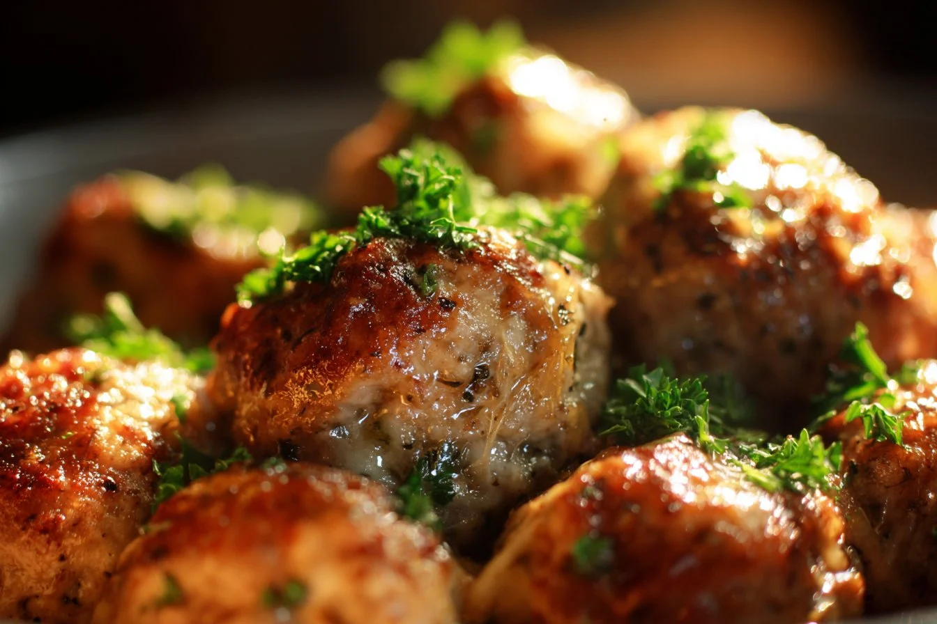 Crockpot French Onion Meatballs served with melted cheese and fresh herbs