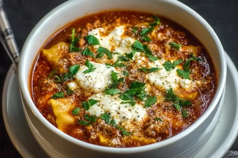 Delicious Crockpot Lasagna Soup with layers of pasta and cheese in a bowl