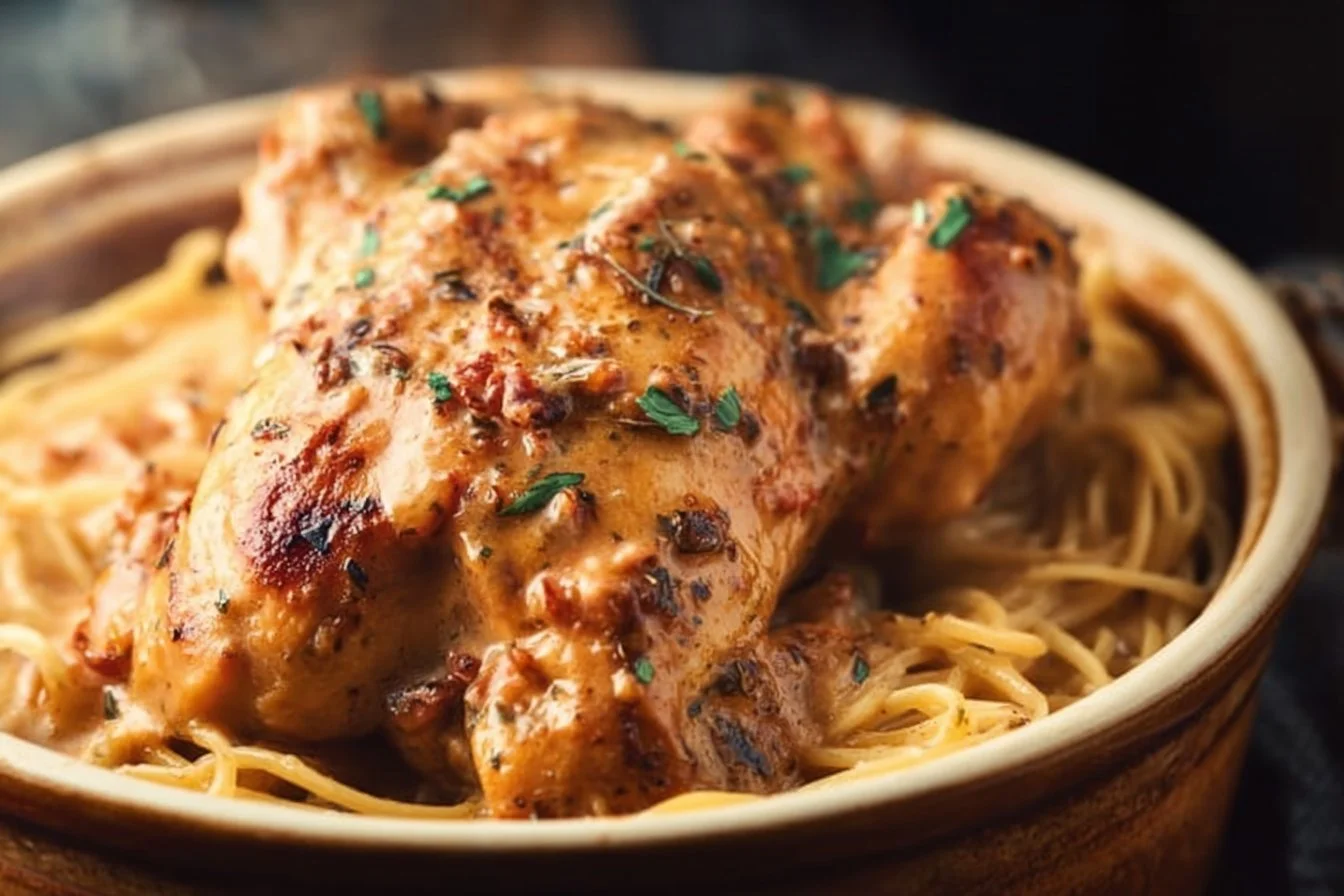 Crockpot Marry Me Chicken dish served with creamy sauce and herbs