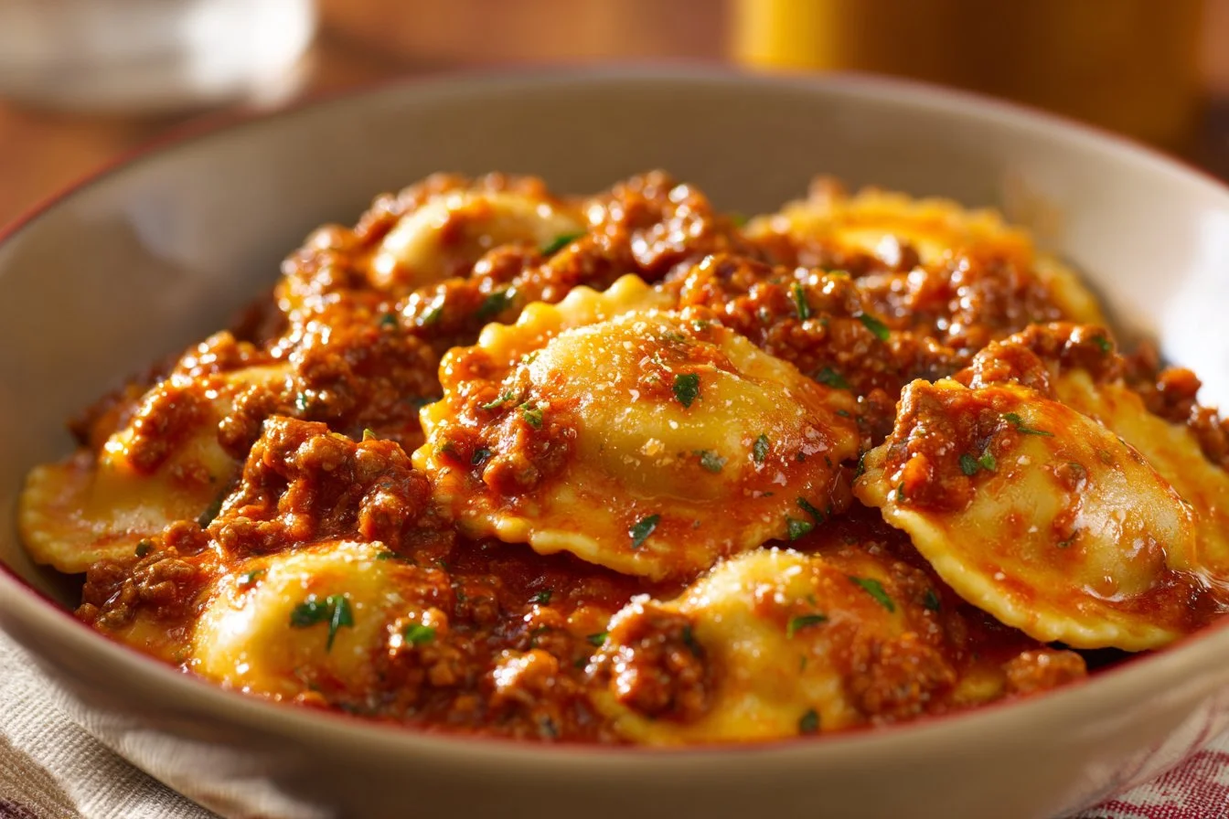 Crockpot Ravioli Lasagna dish garnished with cheese and herbs