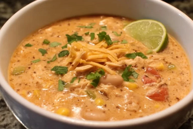 Crockpot White Chicken Chili with Cream Cheese in a bowl garnished with cilantro
