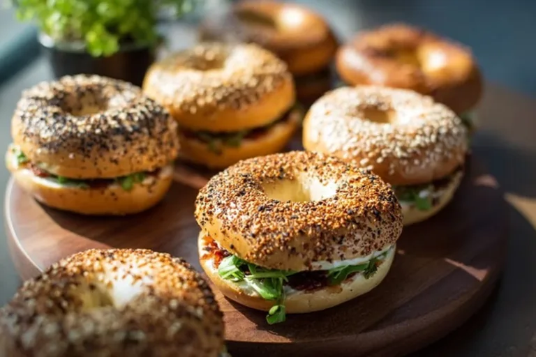 Vegan high protein bagels freshly baked and served on a wooden platter.