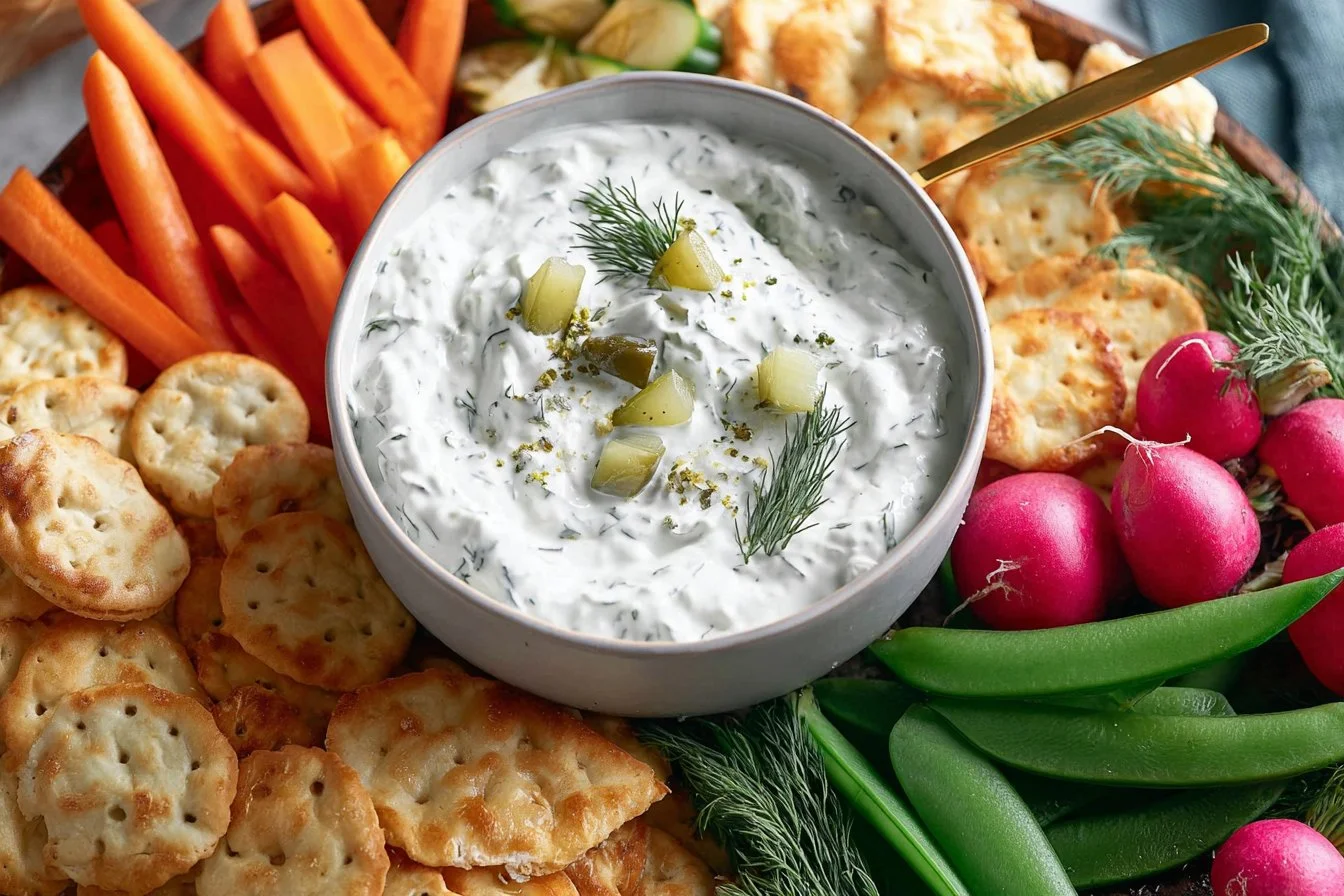 Dill Pickle Cottage Cheese Dip served in a bowl with crackers