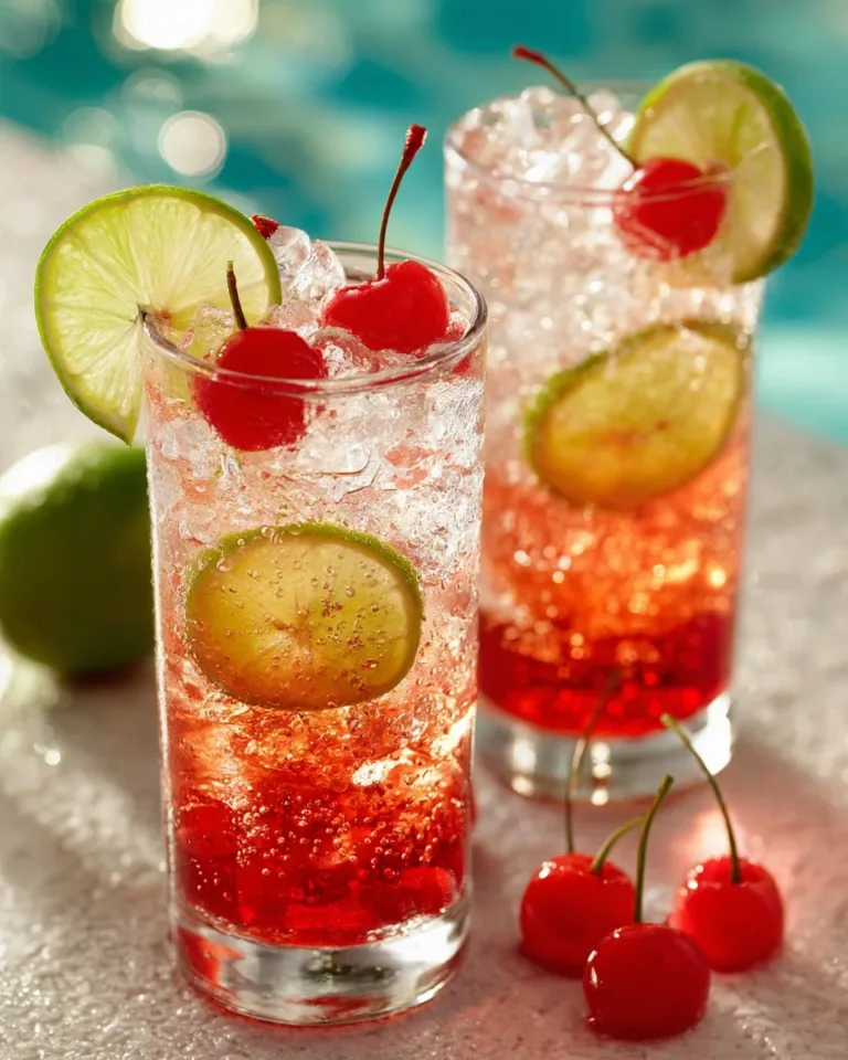 Dirty Shirley Temple cocktail with cherries and garnishes