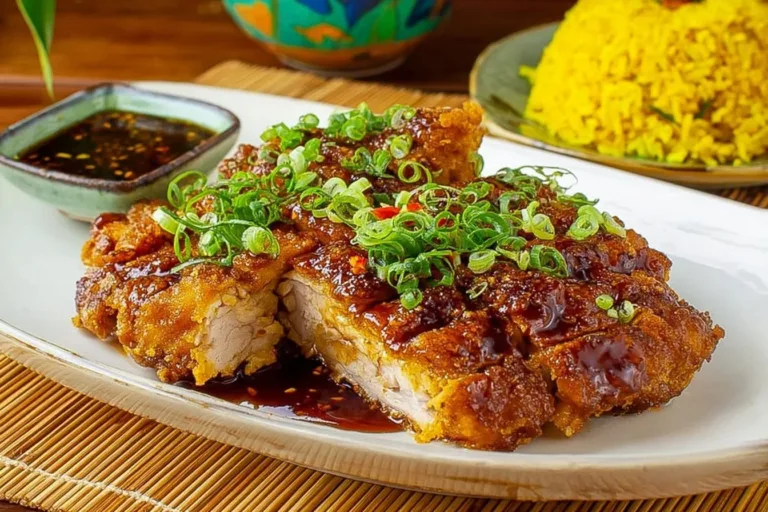 Double Crunch Honey Garlic Pork Chops served with garnish on a plate