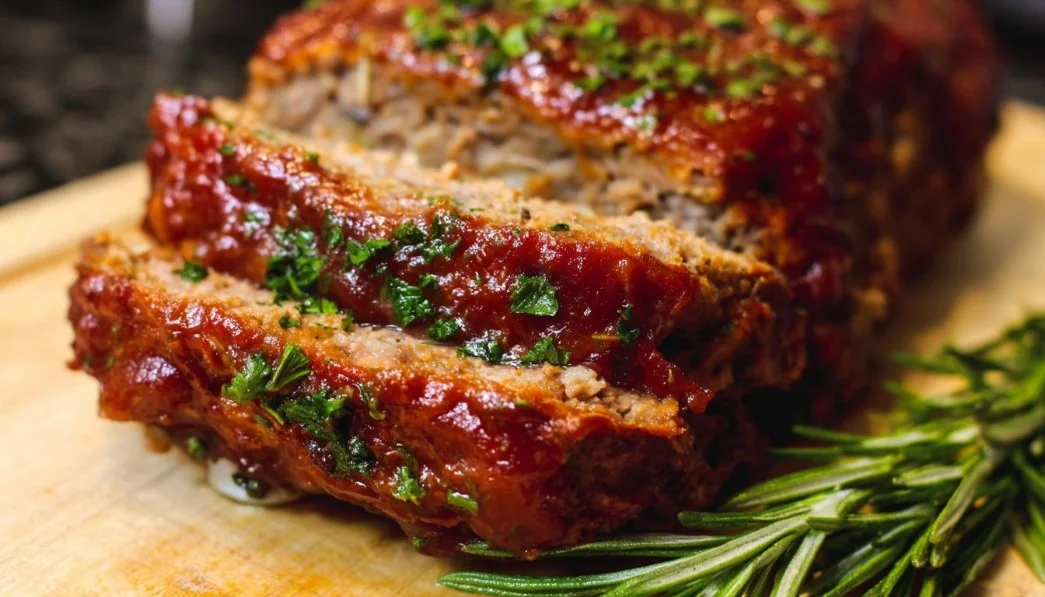 Delicious and easy meatloaf served with mashed potatoes and green beans