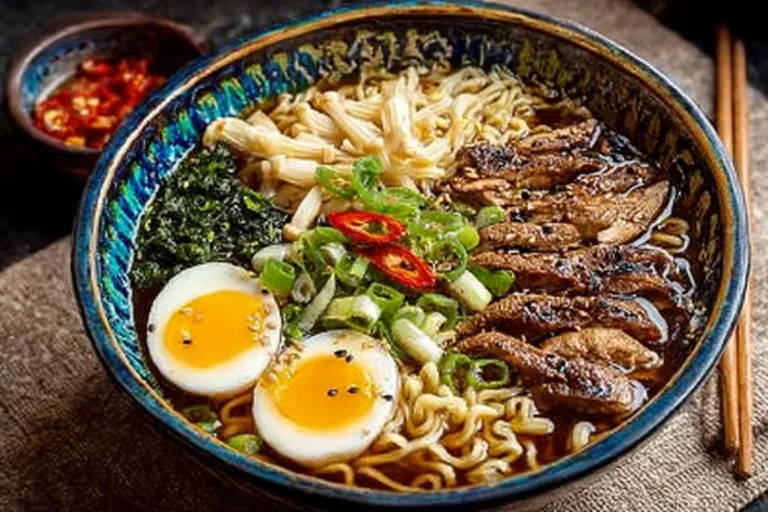 Bowl of easy chicken ramen soup garnished with fresh herbs and vegetables.