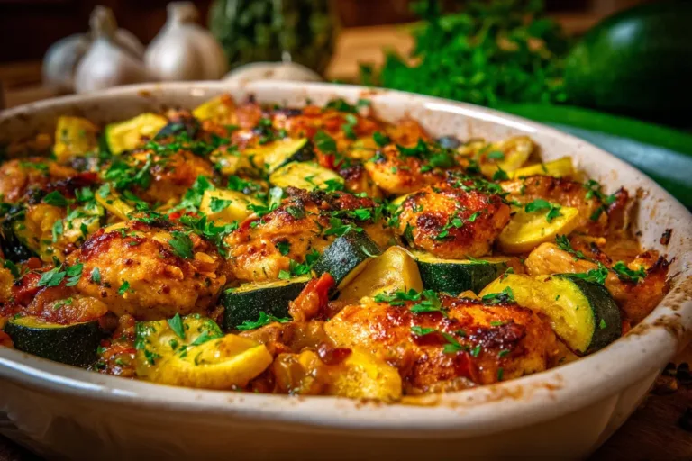 Easy chicken zucchini bake with cheese and herbs baked to perfection