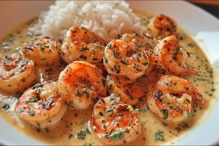 Delicious plate of easy creamy garlic shrimp with herbs and spices