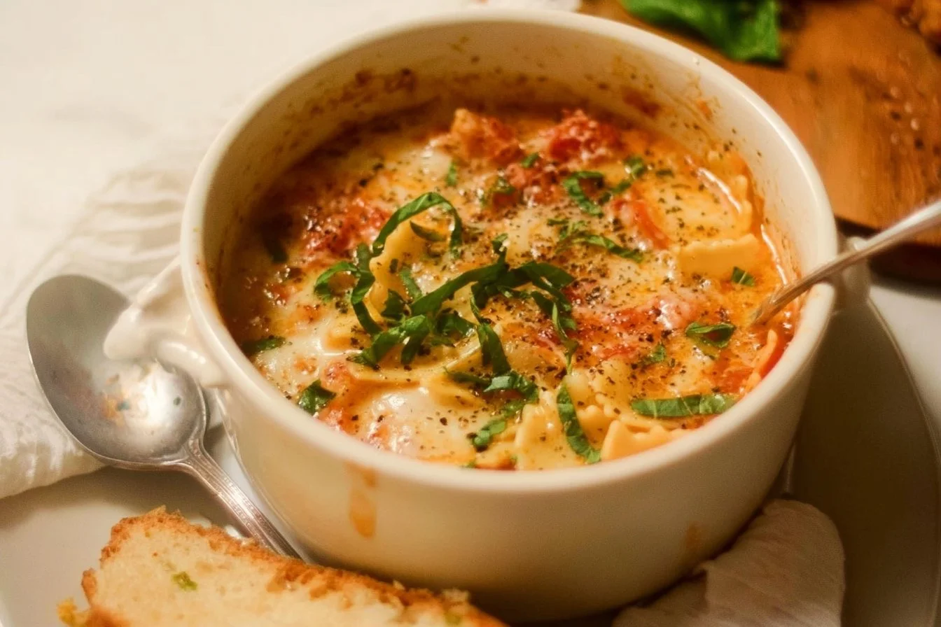 Bowl of creamy lasagna soup garnished with herbs and cheese