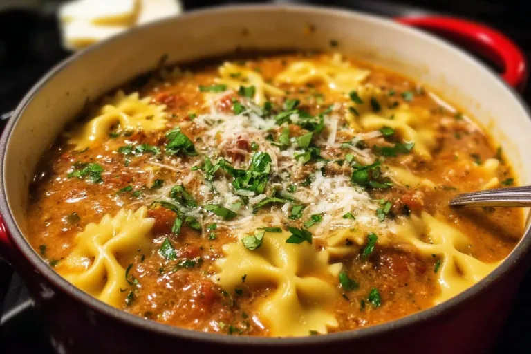 Bowl of easy creamy lasagna soup topped with cheese and herbs