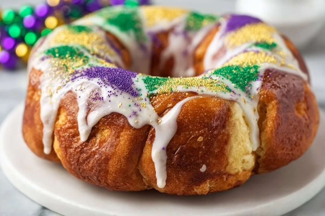 Delicious homemade easy King Cake topped with colorful icing and sprinkles.