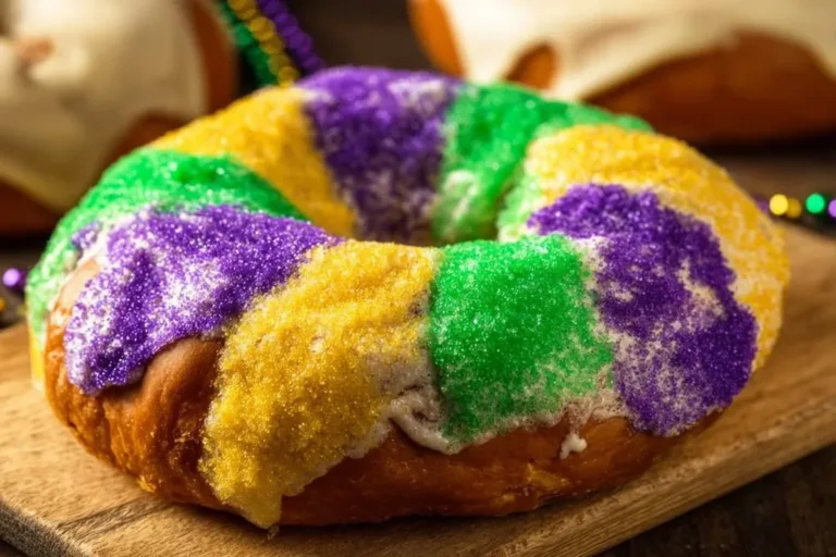 Delicious homemade Easy King Cake with colorful icing and festive decorations