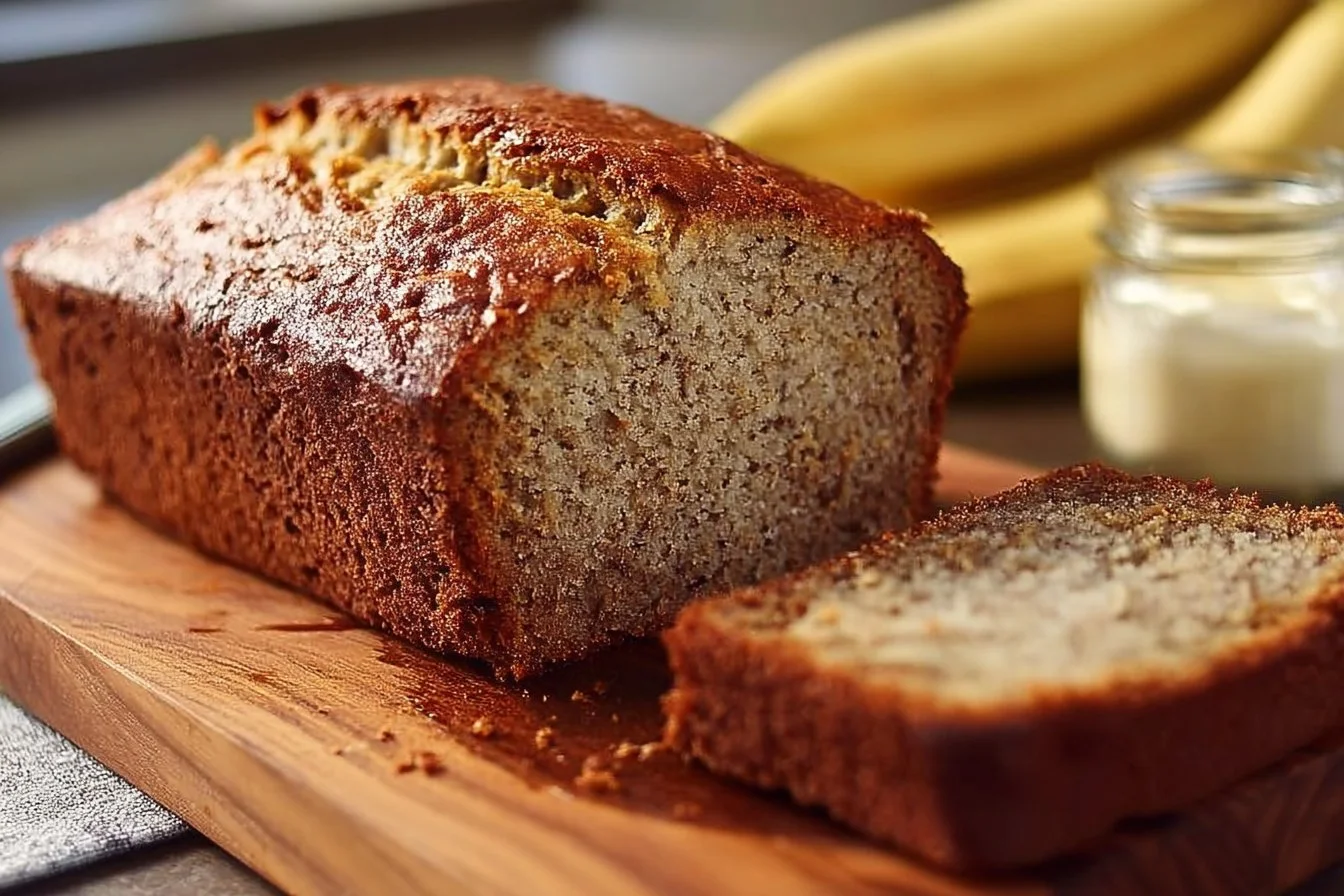 Slice of easy moist banana bread on a wooden table