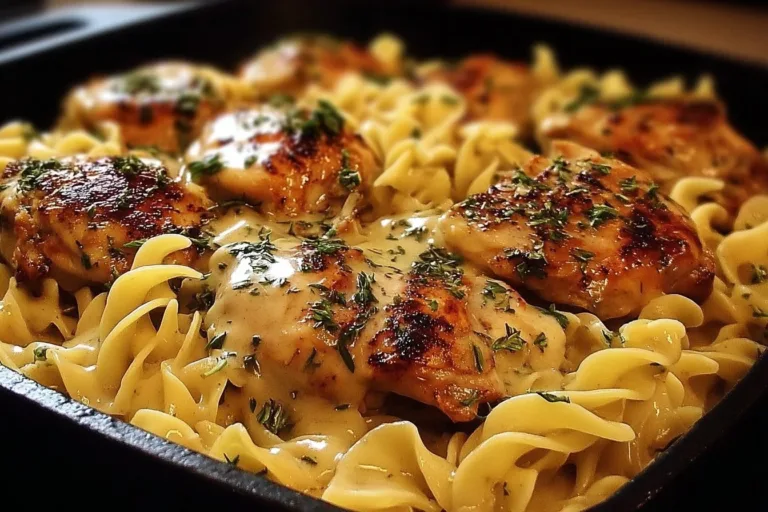 Easy one-pan chicken cooked with buttery noodles for a quick and delicious dinner.