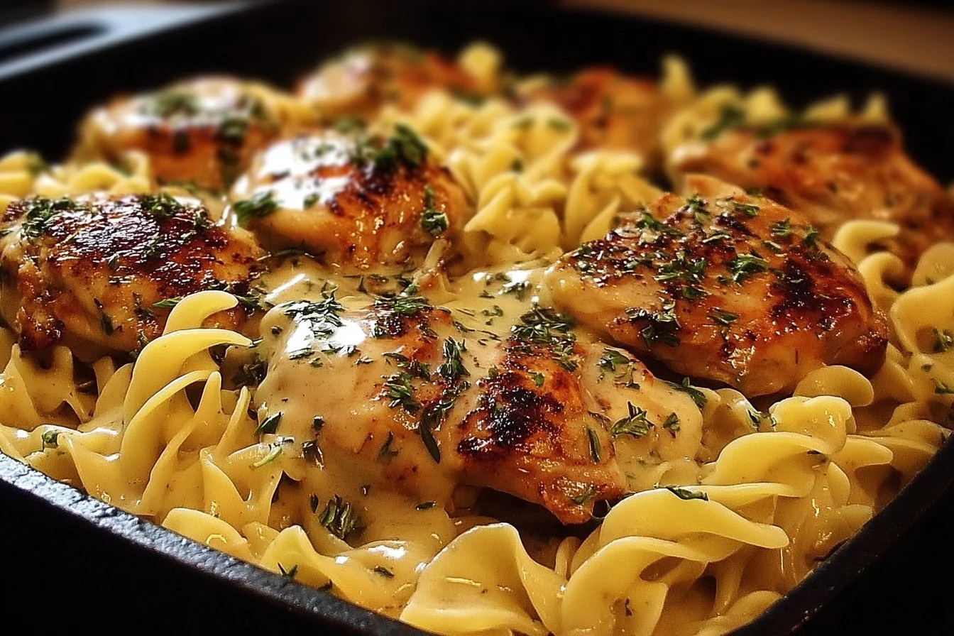 Easy one-pan chicken cooked with buttery noodles for a quick and delicious dinner.