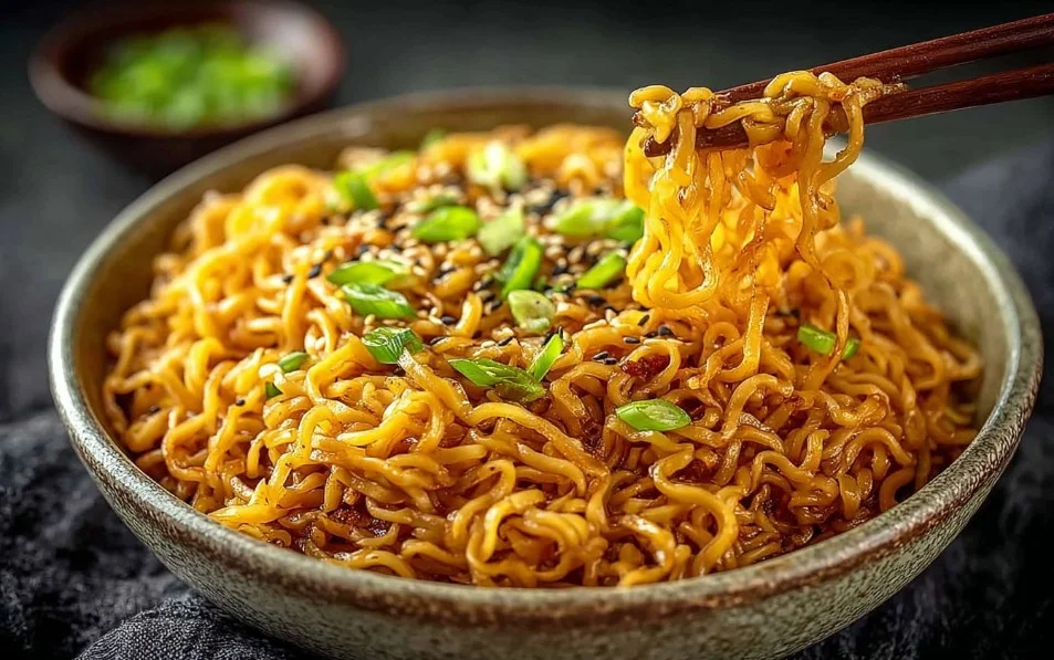 Bowl of easy vegan saucy ramen noodles garnished with vegetables