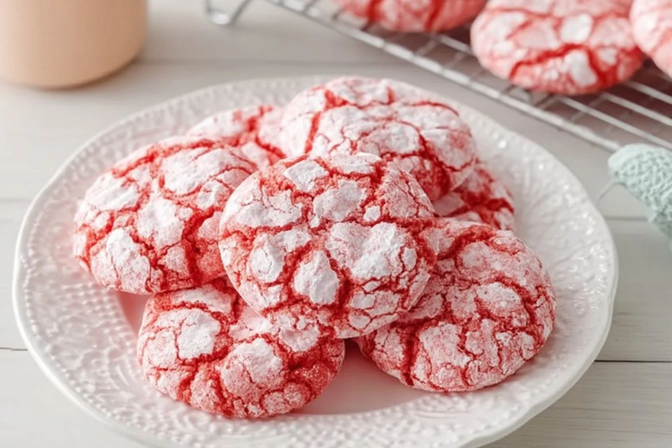 Delicious homemade strawberry crinkle cookies on a plate
