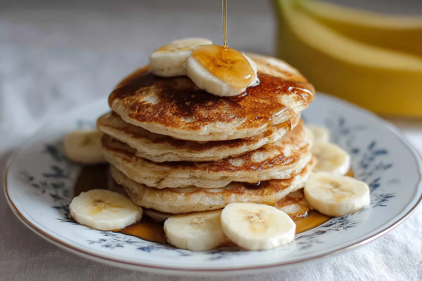 Delicious fluffy banana pancakes served with syrup and fresh bananas