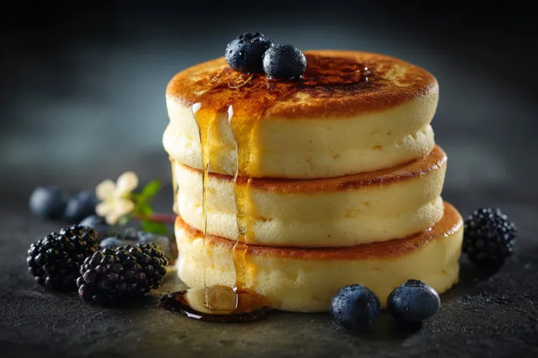 Fluffy Japanese soufflé pancakes stacked on a plate with syrup and berries