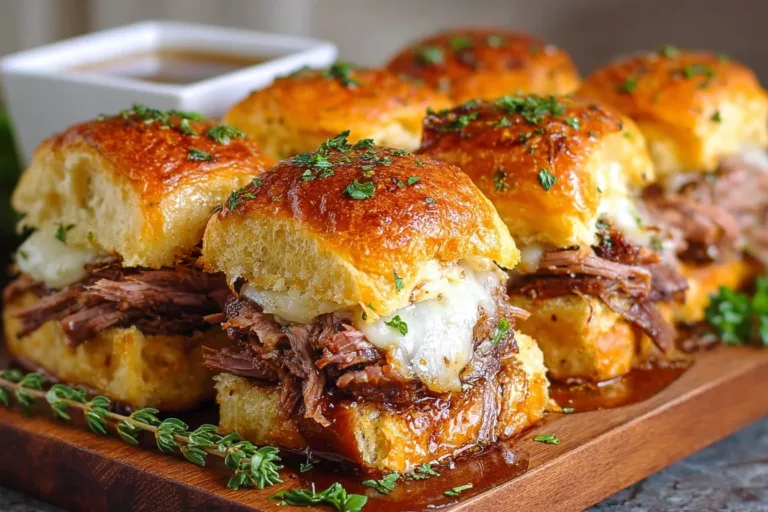 French Dip Sliders served with dipping sauce on a rustic wooden board