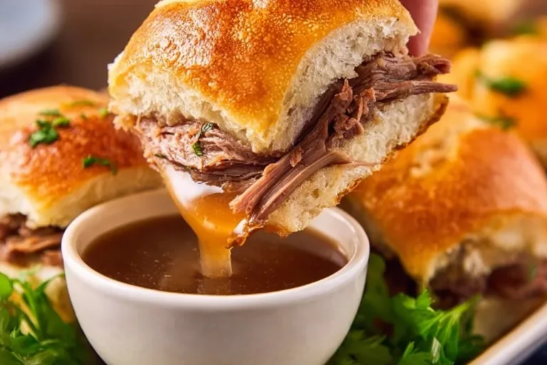 Delicious French Dip sliders served with au jus for dipping.