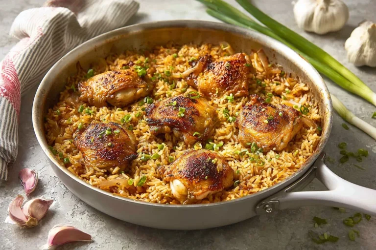 French Onion Chicken served with orzo pasta in a savory broth