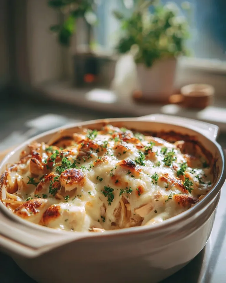 Delicious French onion chicken orzo casserole topped with cheese and herbs