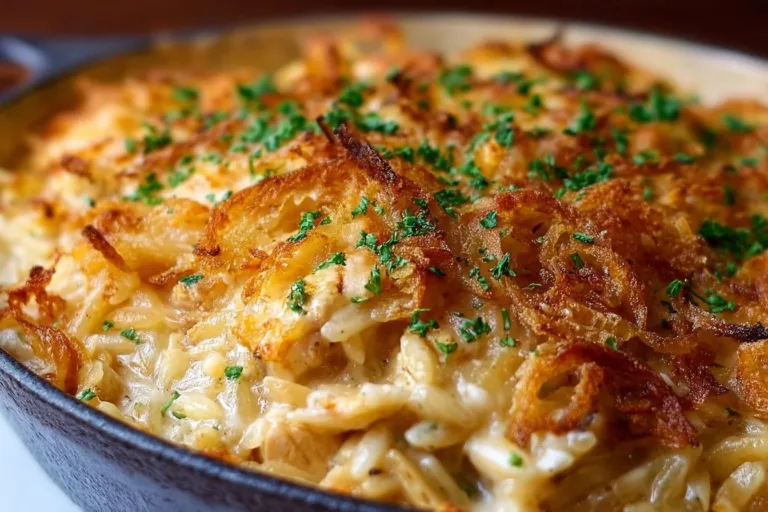Delicious French Onion Chicken Orzo Casserole topped with melted cheese