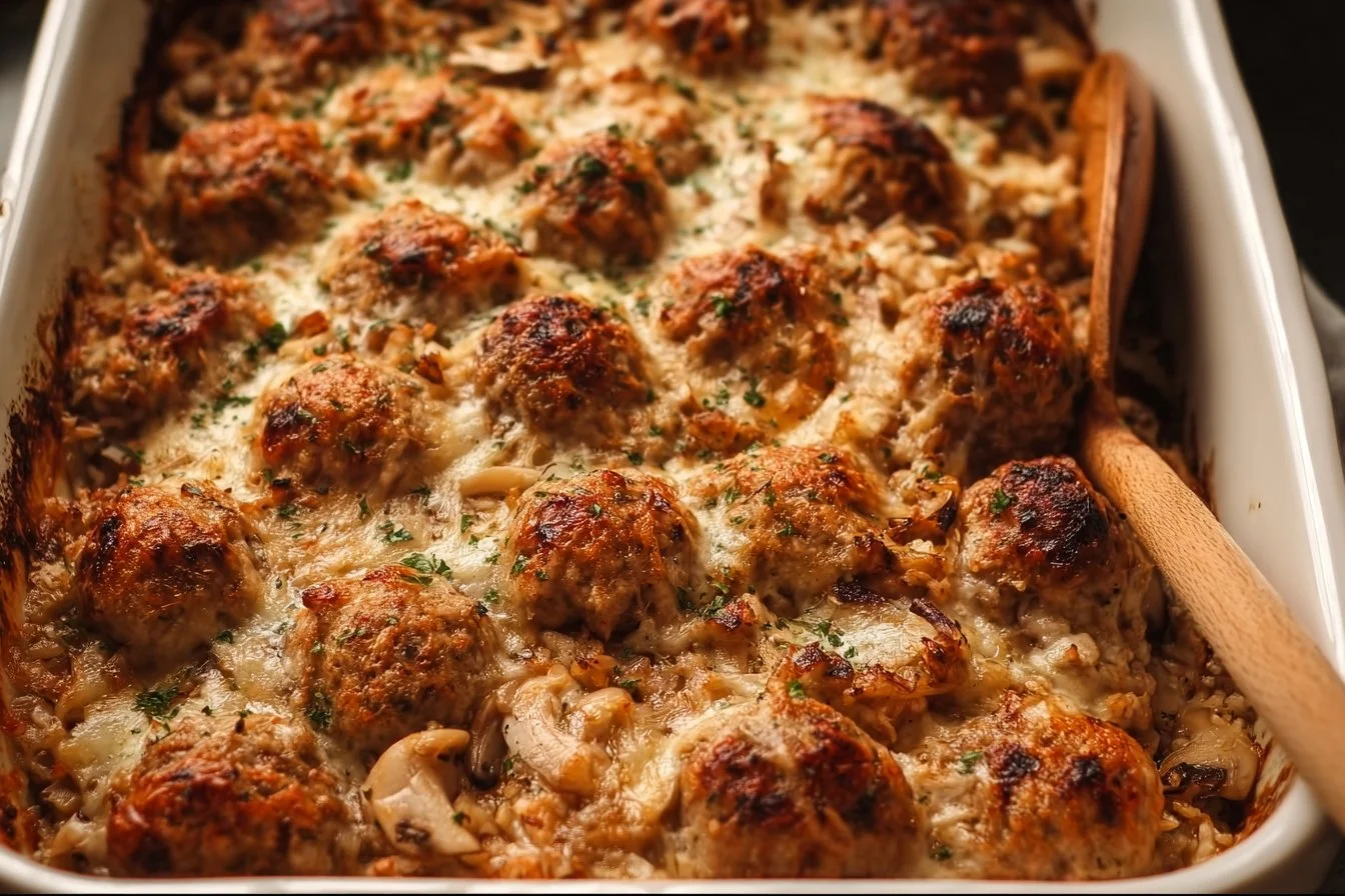 Delicious French onion meatballs casserole topped with melted cheese and herbs
