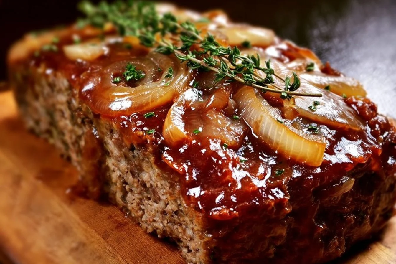 Homemade French onion meatloaf served with caramelized onions and cheese