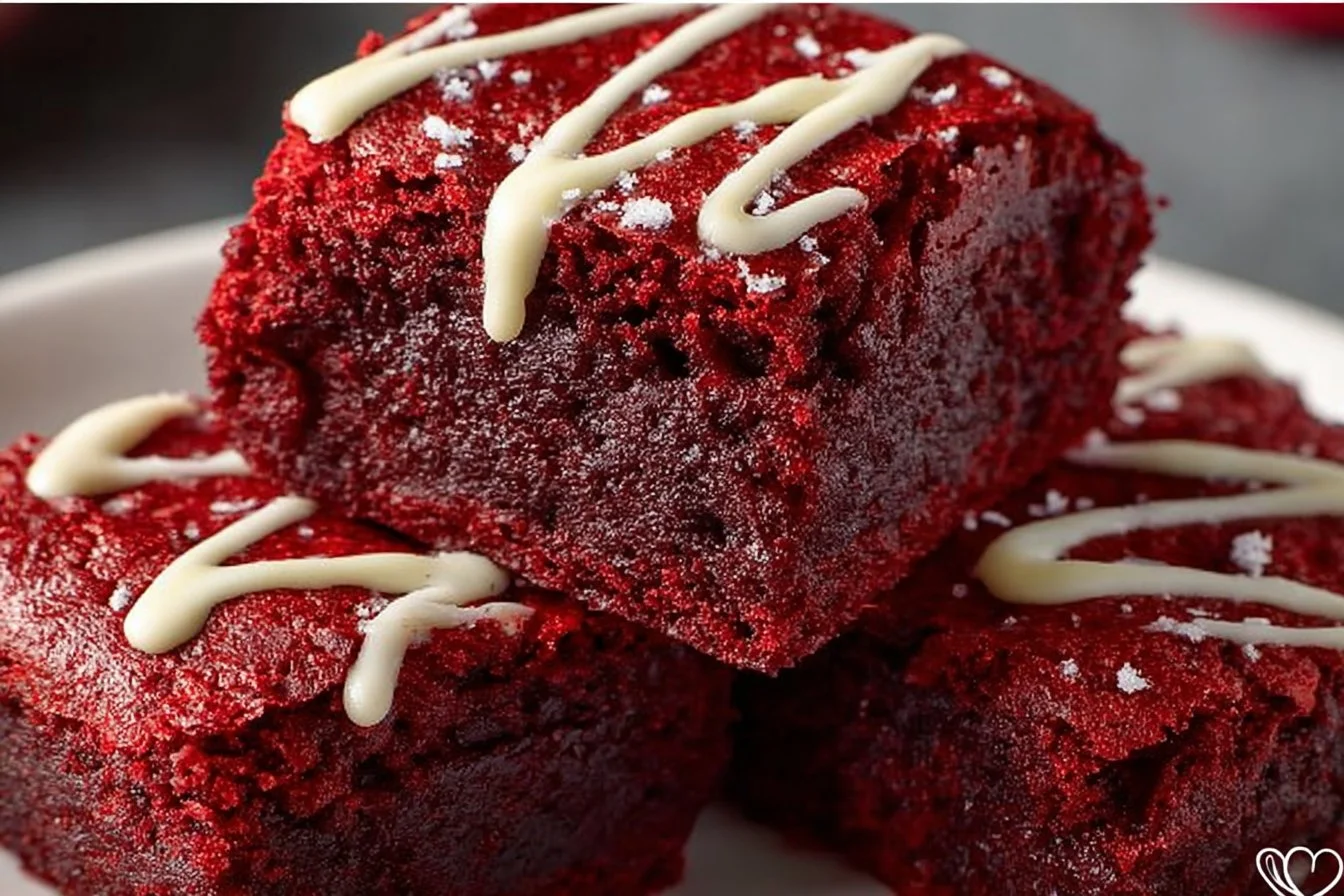 Fudgy red velvet brownies with cream cheese frosting on a white plate
