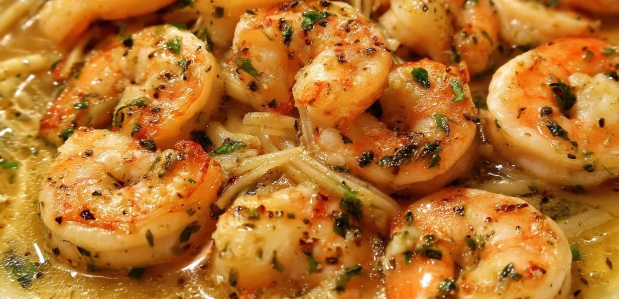 Delicious garlic butter shrimp scampi served on a plate with herbs